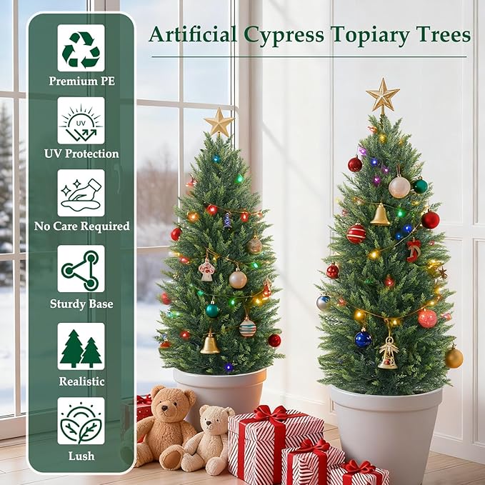 EverNature 4FT Artificial Topiary Cedar Trees, 2Pack Realistic Faux Cypress Plants with Pot, Fake Bushes Pine Tree for Outdoor Front Porch Garden Indoor Christmas Home Decor
