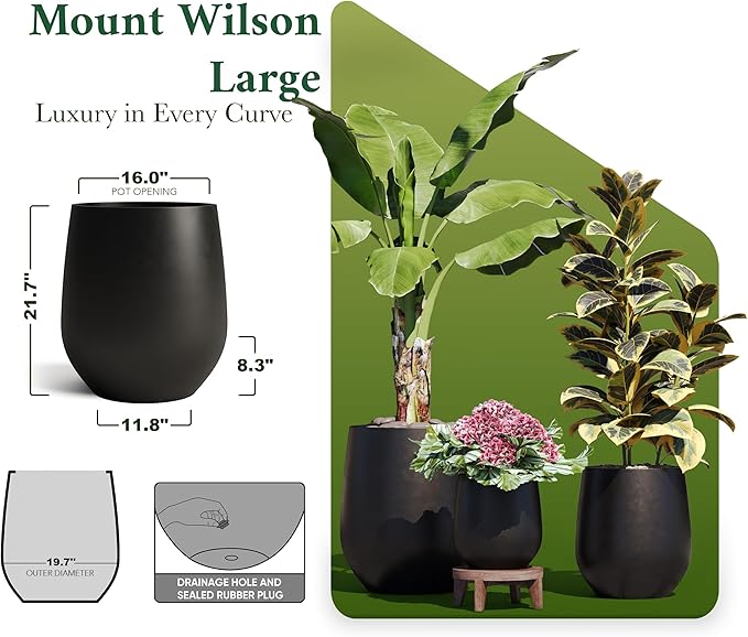 DTY Signature Mount Wilson 19.7''D x 21.7''H Modern Indoor Outdoor Fiberstone Tapered Planter, Lightweight, Weather Resistant Garden Pot with Drainage Hole & Rubber Plug - Black, Large