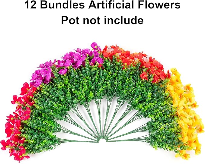 Ivydale Artificial Flowers for Outdoor Decoration, 12 Bundles Fake Pansy UV Resistant Realistic Silk Flowers with Eucalyptus for Planter Front Door Garden Porch Patio Yard