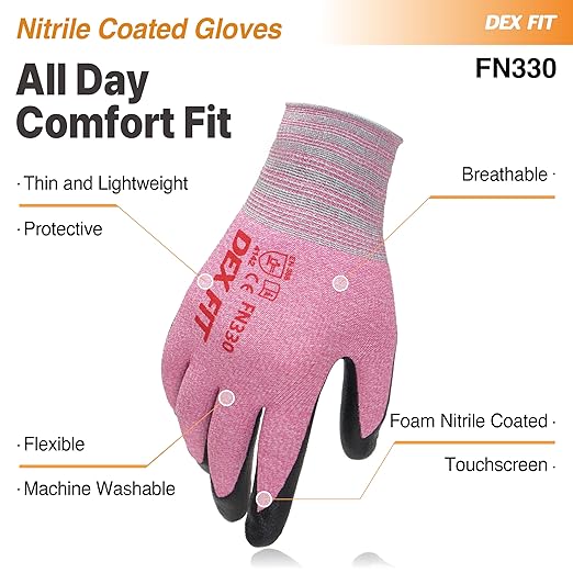 DEX FIT Nitrile Work Gloves FN330, 3D-Comfort Stretchy Fit, Firm Grip, Thin & Lightweight, Touch-Screen Compatible, Durable, Breathable & Cool, Machine Washable; Pink L (9) 12 Pairs
