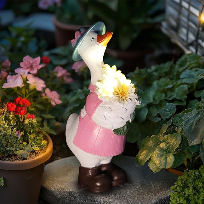 Solar Porch Goose Garden Statue with Glowing Flower, 11.5" Solar Duck Garden Decor for Outdoor, Waterproof Animal Figurine with Auto Light for Yard Lawn Patio - Unique Gift for Mom Grandma Women