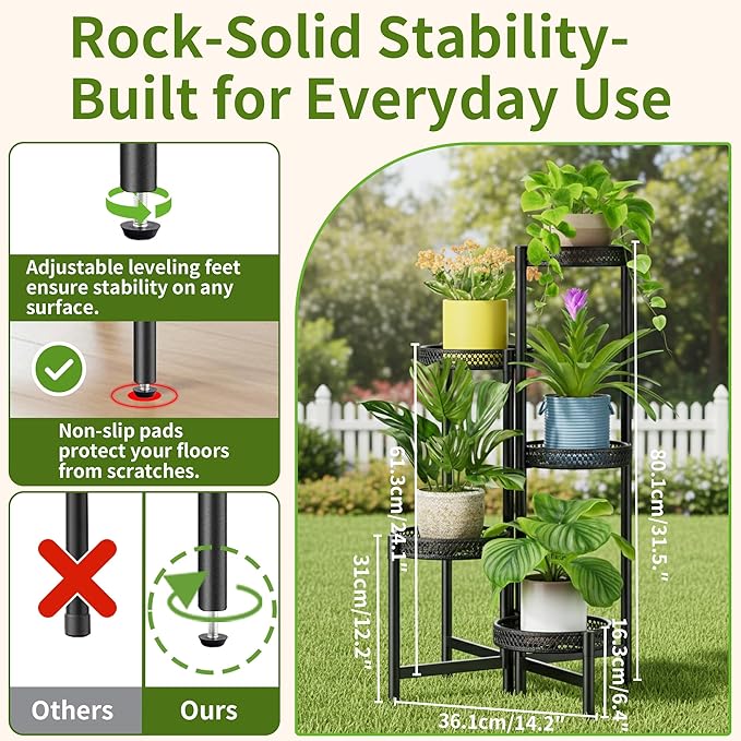 NQW Plant Stand Indoor Outdoor, 5 Tier Corner Metal Flower Display Holder Shelf, Folding Tall Rack for Patio Balcony Porch Garden Living Room House, Heavy Duty Wrought Iron Plant Shelf- BlackWave