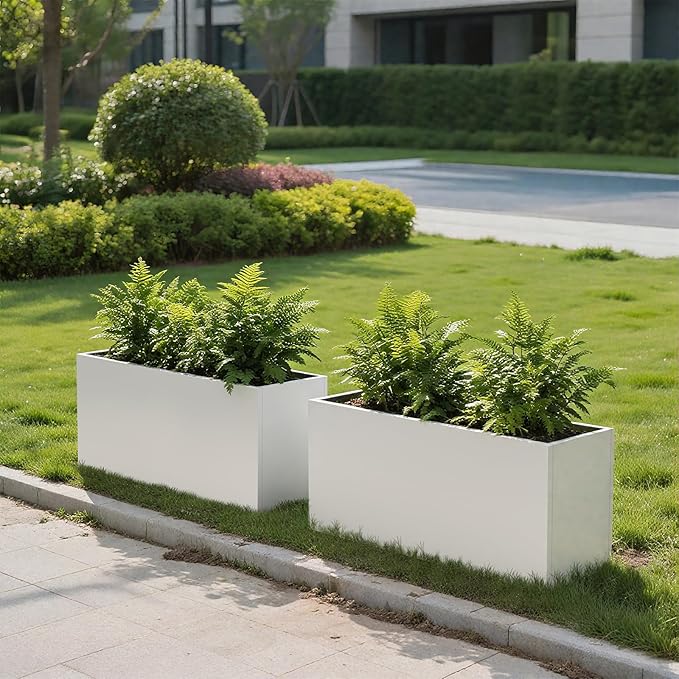 GZLVSOW Galvanized Steel Garden Planter 36” x 12” x 16” White Metal Planter Box Modern Metallic Heavy Planter Indoor & Outdoor, Commercial & Residential (White, L36 x W12 x D16)
