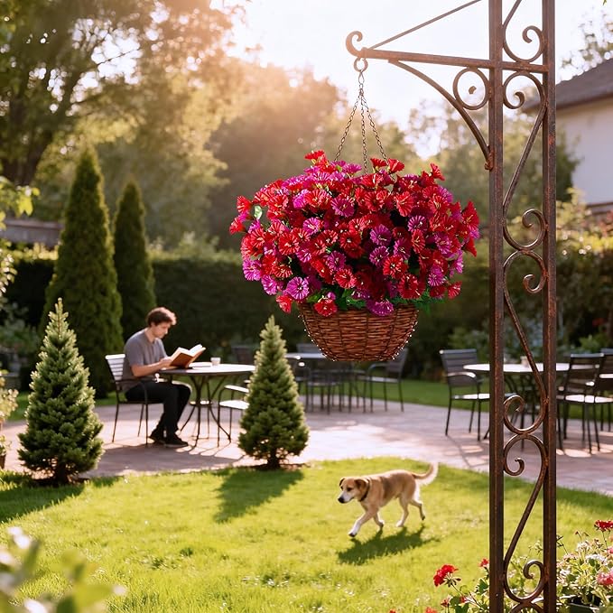 Artificial Morning Glory Flowers Plants for Outdoor 8 Pcs Faux Silk Petunias Flower Realistic Faux Flowers Plants for Outside Planter Porch Yard Patio Balcony Home Indoor Decor (8 Pcs Red+Purple)