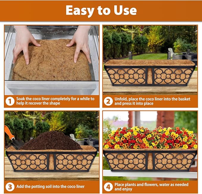 Legigo 4 Pack 30 Inch Square Coco Liners Planter Baskets Liner- Natural Coconut Coir Fiber Liner Replacement, Window Box Liners Trough Coconut Liners for Wall Planter Garden Deck Fence Flower Baskets