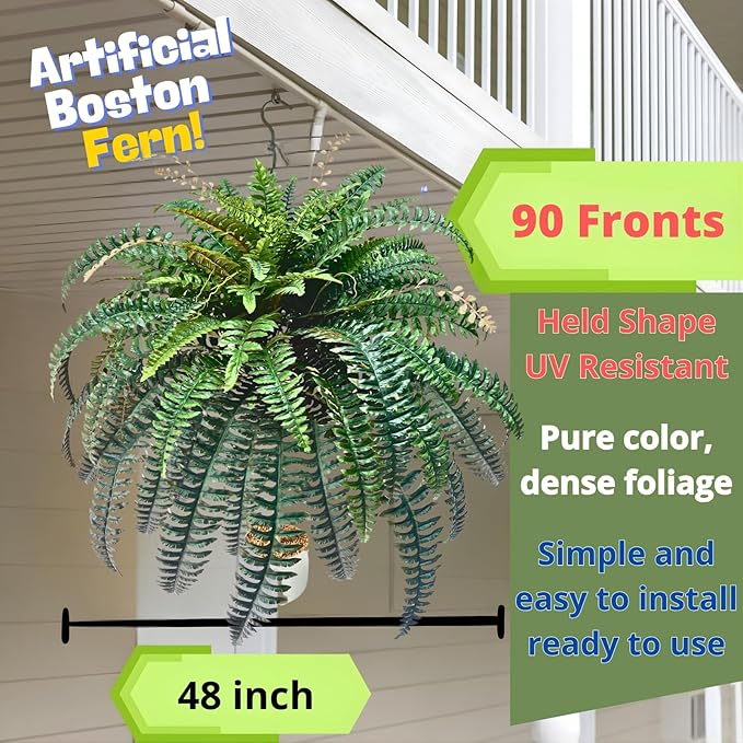 NeosCA 90 Branches Giant Artificial Boston Ferns for Outdoors Large –UV Resistant Lifelike Faux Fern, Realistic Silk Greenery Plants Large Office, Home Decor,48 Inch Fake Fern Leaf Green.No Base.