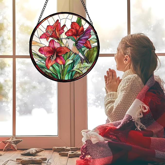 AMDERVEN Stained Glass Window Hanging - Hummingbird On Red Lily Flower Sun Catcher for Door Garden Decor Suncatcher Christmas Mother's Day Birthday Gifts for Bird Lovers Women Men Mom Nana 6.3 in