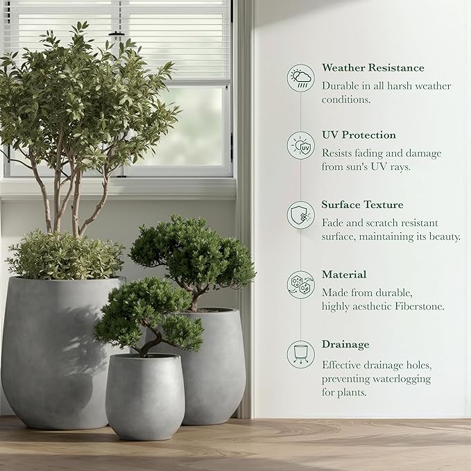 DTY Signature Mount Wilson 11''D x 11.8''H Modern Indoor Outdoor Fiberstone Tapered Planter, Lightweight, Weather Resistant Garden Pot with Drainage Hole & Rubber Plug - Gray, Small