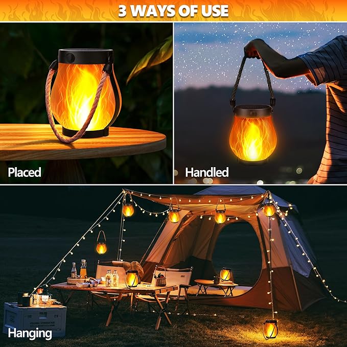 Solar Flame Lantern Hanging Outdoor Waterproof - 2 Pack Flame Lanterns with Dual Charging Modes of Solar & USB for Garden or Yard Decorations (Warm White - 1 Pack)