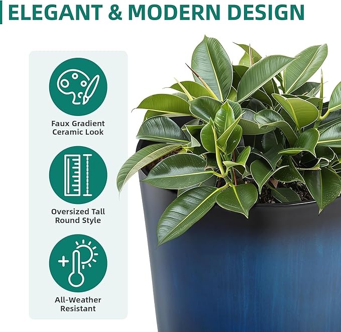 Ultym 23.75" Round Tall Planters, 2-Pack Large Flower Pots for Indoor Outdoor Plants, UV-Protect PP Container for Garden Patio Yard Balcony Porch or Home Decor, Artistic Floating Cobalt Blue Glaze