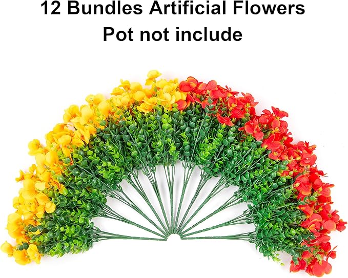 Artificial Pansies Faux Flowers Plants for Outdoor Outside Decoration, 12 Bundles Fake Pansy UV Resistant Realistic Silk Flowers Bouquets with Eucalyptus for Planter Front Door Garden Porch Patio Yard