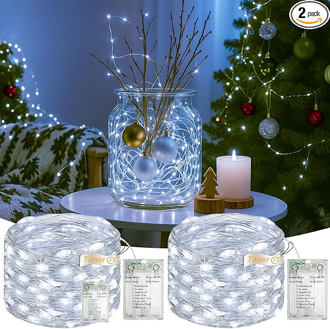 2 Pack 16FT 50 LED Fairy Lights Battery Operated with Timer, 8 Modes USB Mini Twinkle Light, Small String Lights for Tree Wreath Vase Bedroom DIY Holiday Wedding Party Decorations-Cold White