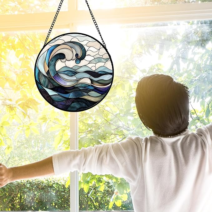 DASTOLL Stained Glass Window Hanging, Ocean Waves Sun Catchers Diamond Glass Panel Hangings Abstract Suncatcher Decor for Birthday for Women, Men, Wife, Aunt, and Mom 7.8 in