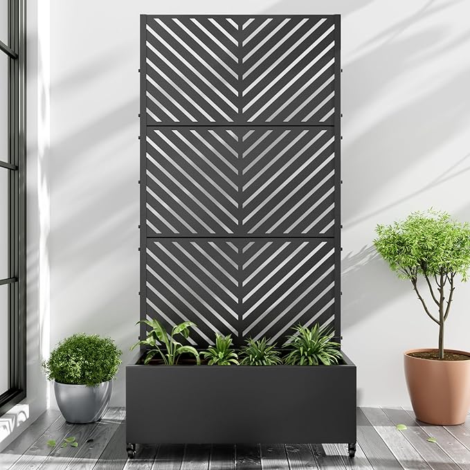 Casaphoria Metal Raised Garden Bed with Trellis and Wheels, 72"x35"x16" Planter Box for Climbing Plants, Vegetables & Vines, Features Drainage Holes and Privacy Screen, Black-Parallel