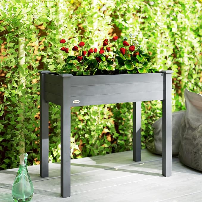 Outsunny Raised Garden Bed with Legs, 34" x 18" x 30", Elevated Wooden Planter Box, Self-Draining with Bed Liner for Vegetables, Herbs, and Flowers Backyard, Patio, Balcony Use, Dark Gray