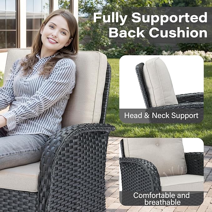 Belord 5 Pieces Patio Furniture Set with 50000 BTU Propane Fire Pit Table, All-Weather Patio Rocking Chairs, Loveseat Glider and Side Table for Outdoor Conversation Deck Backyard Poolside Black
