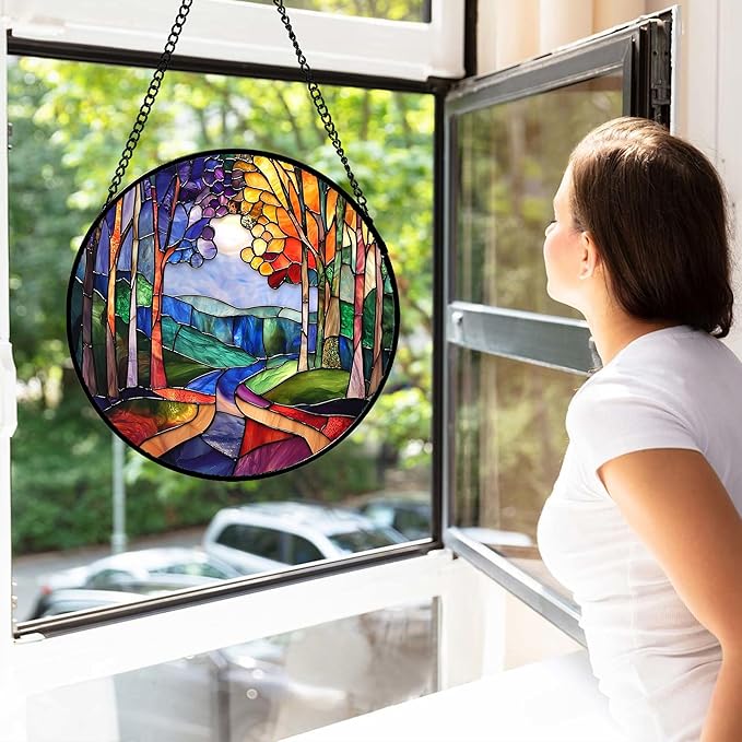 Stained Glass Window Hanging, Colorful Forest Landscape Tree Suncatcher for Doors Window Home Abstract Sun Catchers Decoration Mother's Day Birthday Gifts for Women, Men, and Mom 9.8 in