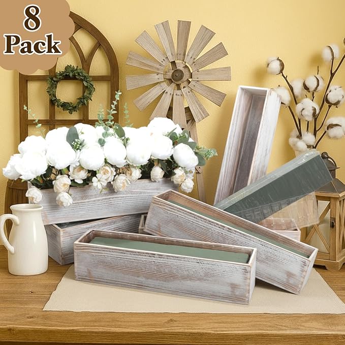 Sintuff 8 Set Rectangle Wooden Planters, 17 x 4 Inch Wood Boxes with Removable Plastic Liner & Floral Foam Blocks, Rustic Wood Planter for DIY Centerpieces Home Wedding Garden Bookshelf Decor (White)