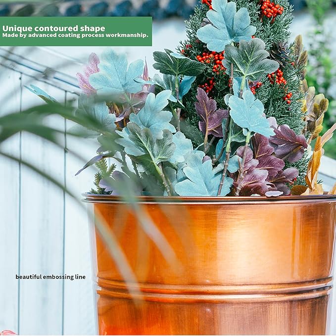 UltiTeque 28in Tall Copper Planters Set of 2,Galvanized Steel Tall Outdoor Planter for Indoor/porches- Copper Color(2planters,2inner pots with Holes,2trays)