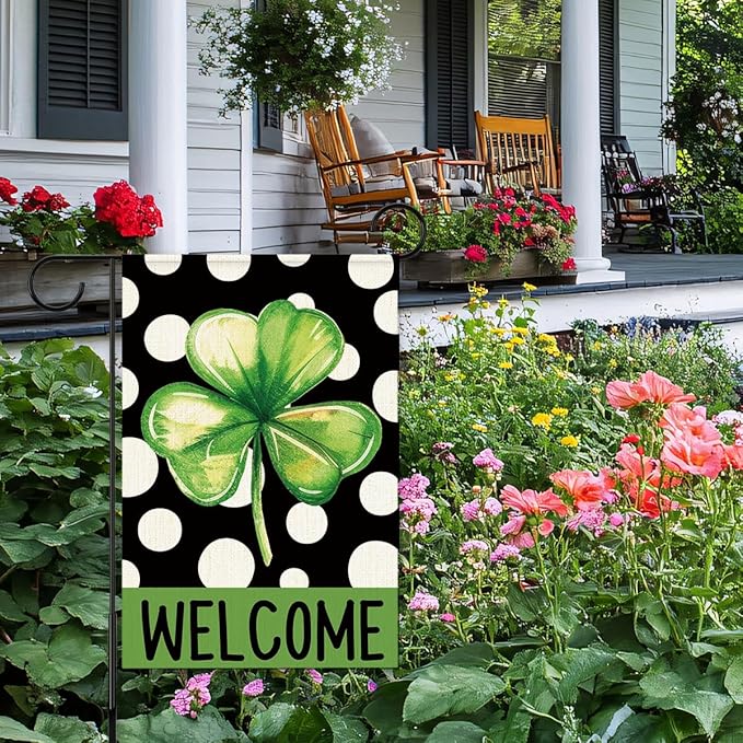 St Patricks Day Welcome Garden Flag 12x18 Inch Double Sided,Shamrock Polka Dots Outdoor Irish Decor House Porch Flag for St Patrick's Day Party and Yard Decorations