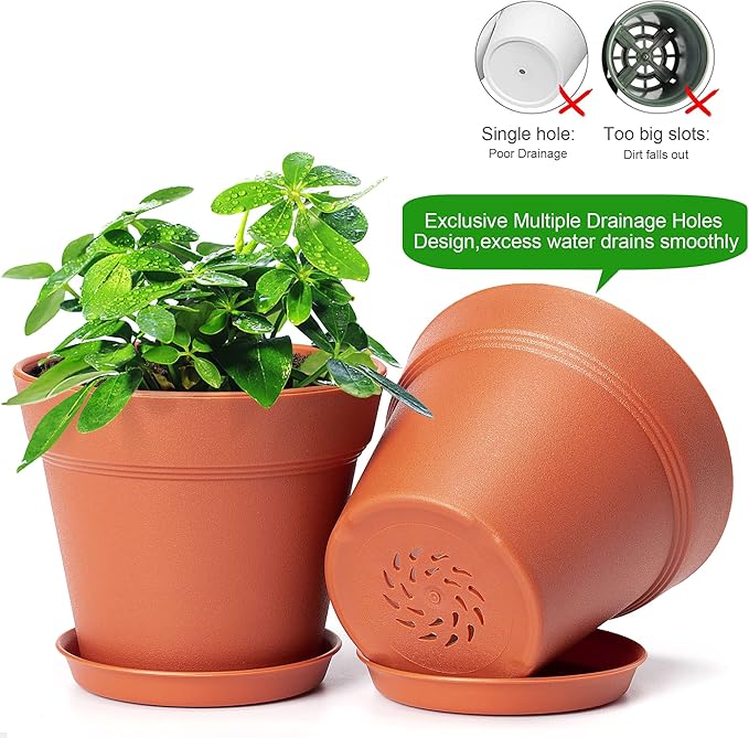 FHWTY 10 Pack Plastic Plant Pots with Drainage Holes and Tray, 5 inch Thickened Indoor Planters Seedlings Nursery Pots for Flowers, African Violet, Succulent and All House Plants, Terracotta