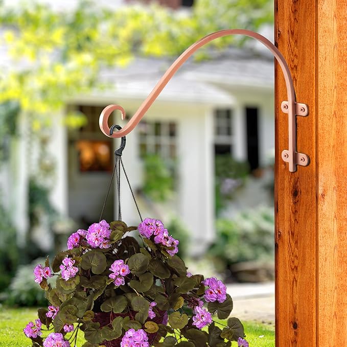 Monarch Abode Hanging Basket Hooks, Heavy Duty Metal Plant Hangers Outdoor or Indoor for Flower Basket, Wall Fence Hooks for Bird Feeder Bracket, Set of 2, 14-inch Copper Plant Wall Hanger