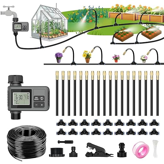 HEKIWAY 60FT Drip Irrigation System with Water Timer – Automatic Garden Watering Kit with 360° Bendable Hose & Adjustable Nozzles, Smart Irrigation System for Greenhouse, Lawn, Yard & Plants