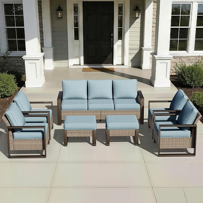 Joyside Outdoor Patio Chairs, 7 Pieces Wicker Rattan Furniture Set, 4 Patio Chairs, 1 Sofa and 2 Ottoman, Metal Wide Armrest, Thick Cushions and Deep Seating for Garden, Backyard, Porch, Deck