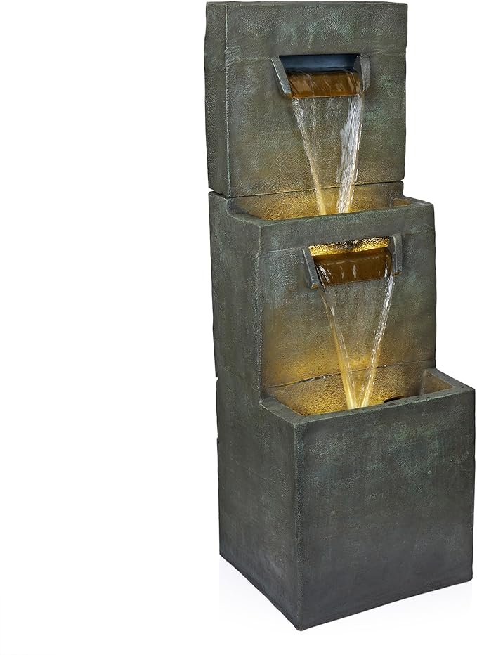 Alpine Corporation 40" Tall Two-Tier Modern Polystone Floor Fountain with Warm White LED Lightsl, Gray