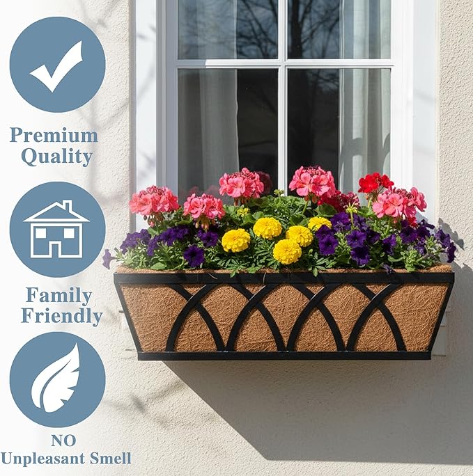 Window Deck Railing Planters Boxes with Coconut Liner, The Bottom Flat Window Boxes Planter Flower Boxes Metal Black Balcony Planters Railing Hanging for Outdoor Fence Porch Patio Lawn(2Pcs 30 Inch)