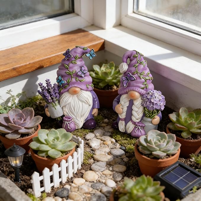 Hodao 2PCS Purple Lavender Butterfly Gnome Figurine Set for Yard, Lawn, Patio, Porch - Weatherproof Resin Garden Decoration - Outdoor Decor & Unique Gnome Gift for Women