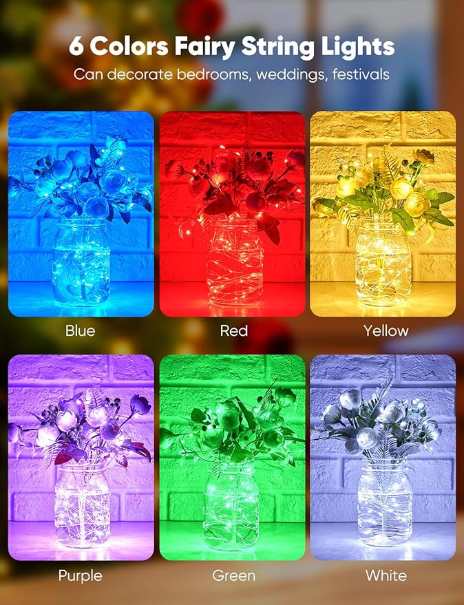 Minetom 12 Pack Fairy Lights Battery Operated String Lights 8 Modes, 7ft 20LED 6 Colors Waterproof Silver Wire Twinkle Lights, Firefly Starry Moon Lights for Mason Jars DIY Christmas Wedding Party