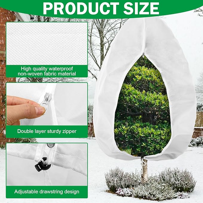 Vincreem 1 Pcs 10 x 10 ft Plant Covers Freeze Protection Extra Large Frost Cloth Plant Covers with Zipper Drawstring Winter Cold Weather Frost Blankets for Outdoor Palm Fruit Tree and Shrubs (White)
