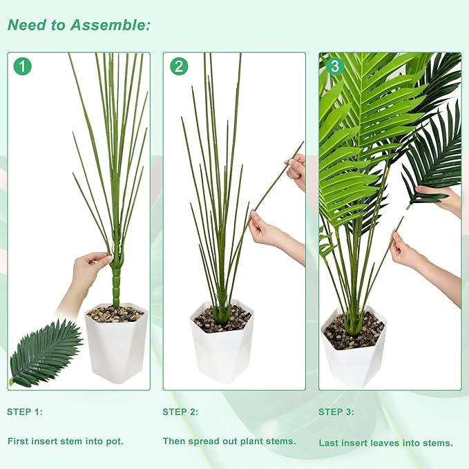 SAJANDAS Set of 2 Artificial Areca Palm Plants in Pots, 51 Inch Fake Tropical Palm Trees with Greenery Leaves and Stems, Faux Dypsis Lutescens Floor Plants for Office, Store, Garden, Home Decoration