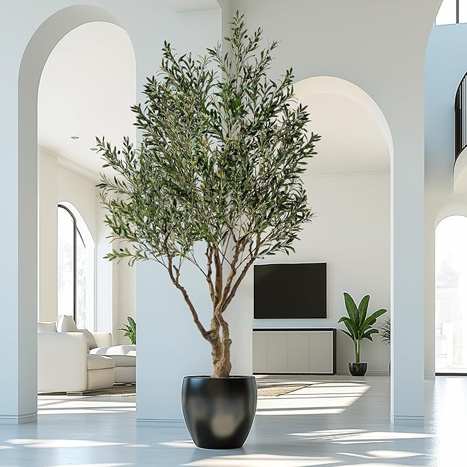 Erimda 7.5FT Artificial Olive Tree Tall Faux Silk Plant Tall Faux Olive Tree with Natural Wood Trunk & Lifelike Fruits Fake Potted Tree or Home Office Decor