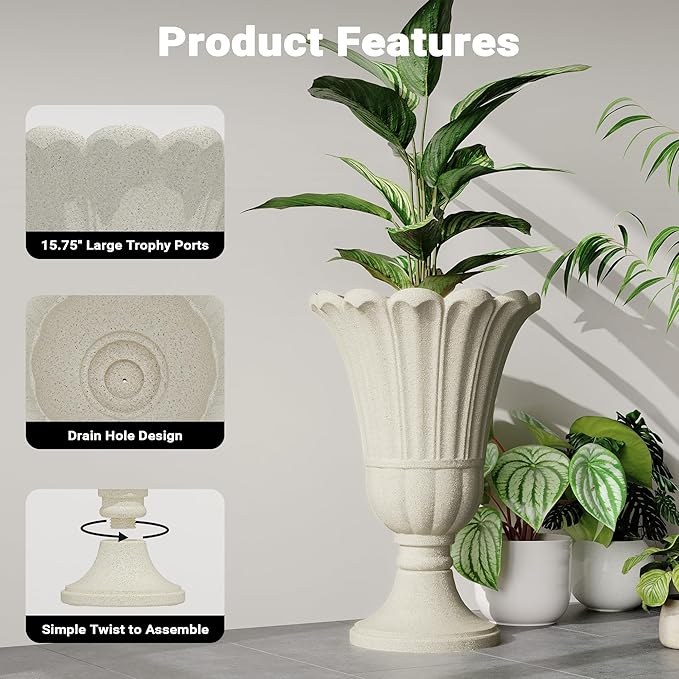 seethmi 23" Tall Planters for Outdoor Plants Set of 2, Planter with Drainage Holes and Petal Design, Large Outdoor Planters for Porch, Garden, Indoor, Beige