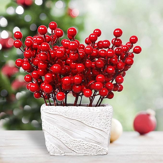 DR.DUDU 48 Pack Red Berry Stems, 8 Inch Artificial Berries Decor for Christmas Tree Picks and Filler, DIY Wreath Garland Christmas Ornaments