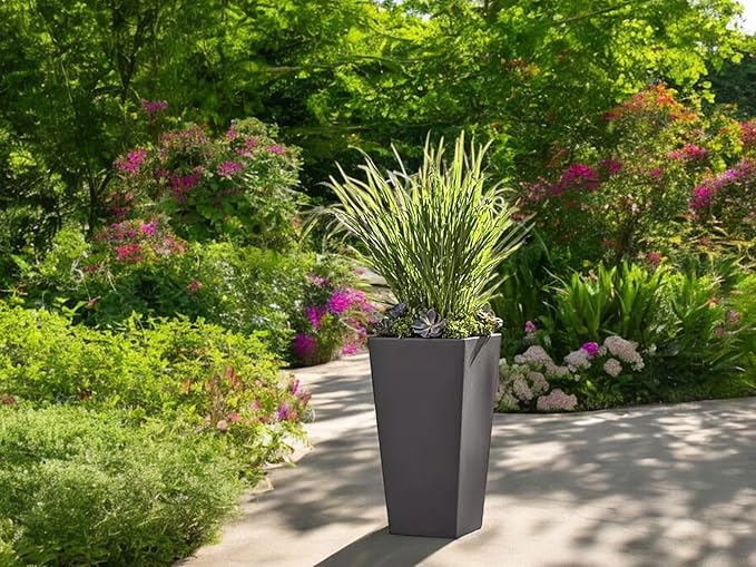 Member Mark Tall Square Planters for Indoor and Outdoor Plants, 28.5" Tall Plants Pot Outdoor/Indoor, Large Flower Planter Pot, Rectangular Planter Garden Pots. (Grey, 1 Piece)