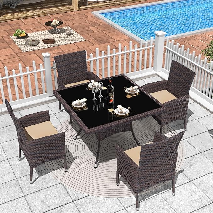 5 Piece Outdoor Dining Set,Rattan Patio Conversation Set of 4 Chairs,Patio Dining Table and Chairs w/Cushions,Square Glass Tabletop,Umbrella Cutout for Patio,Sand