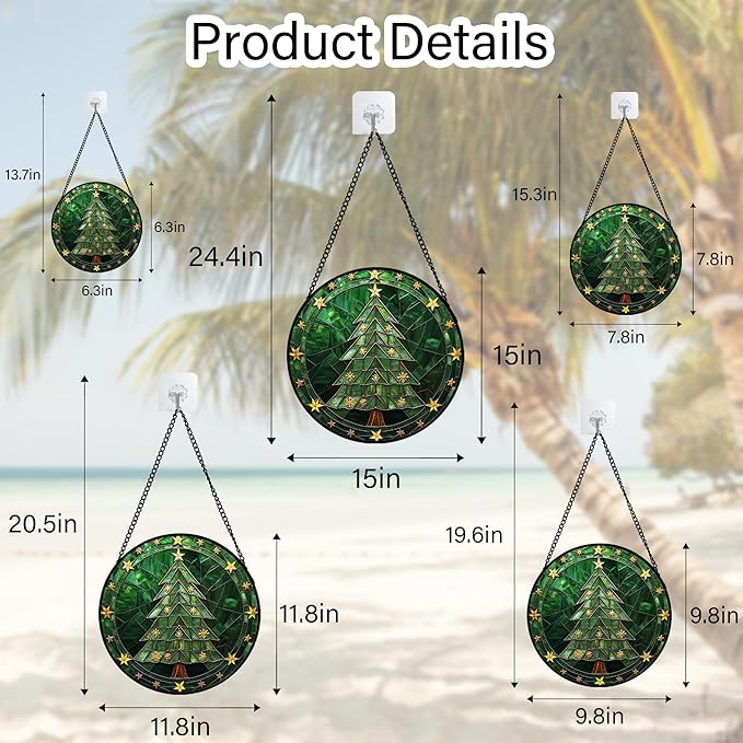 Stained Glass Window Hanging - Green Christmas Tree with Golden Stars Suncatcher for Doors Home Christmas Decoration Sun Catcher Thanksgiving New Year Birthday Gifts for Women Men Mom Nana 15 in