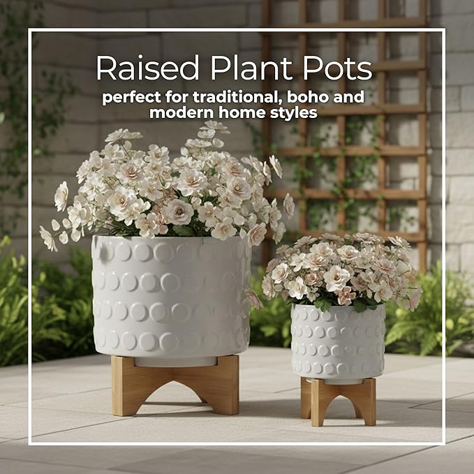 Set of 2 Ceramic Planters with Bamboo Plant Stand Indoor – Elevated Plant Stand Display, Living Room or Patio Planters – Textured Design for Modern Balance and Warmth, Home Decor – 7" & 10.5", White