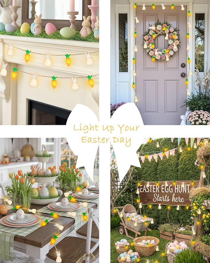 YIQU Easter Decoration String Lights, 10FT 12LED Bunny Carrot Mantel Garland Battery Operated with Remote Timer 8 Modes, Hemp Rope Banner for Fireplace Table Wall Spring Party Indoor Outdoor Decor