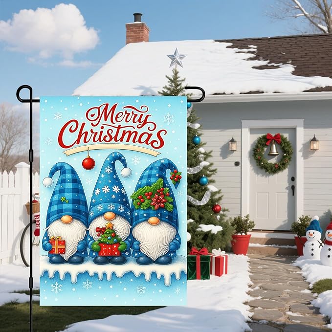 IVN Christmas Garden Flag 12x18 Inch Double Sided Blue Gnomes with Gifts and Snowflakes Outdoor Yard Flag for Outside Home Front Door Lawn Porch Patio Welcome Decor