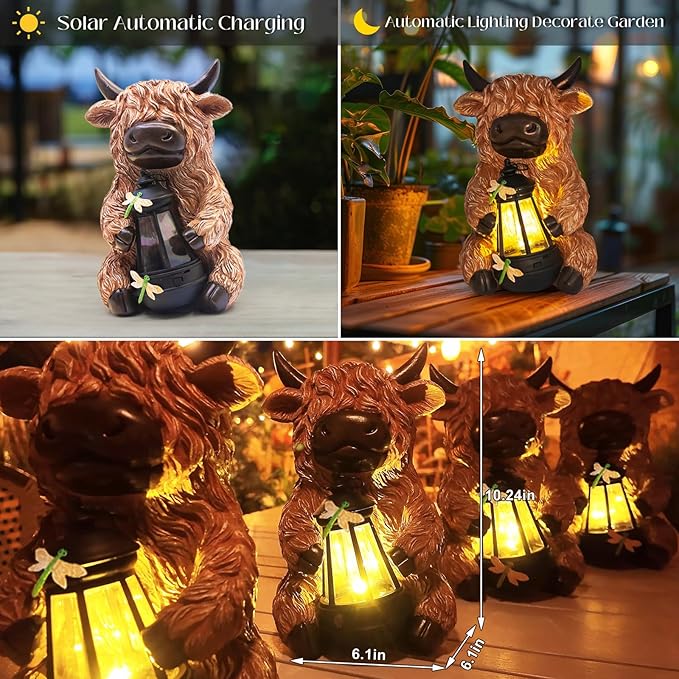 DKJOCKY for Women, Highland Cow with Lights Outdoor Decorations for Yard, Solar Cow Statues Lights Garden Gifts Birthday Gifts for Women Unique, Presents for Mom