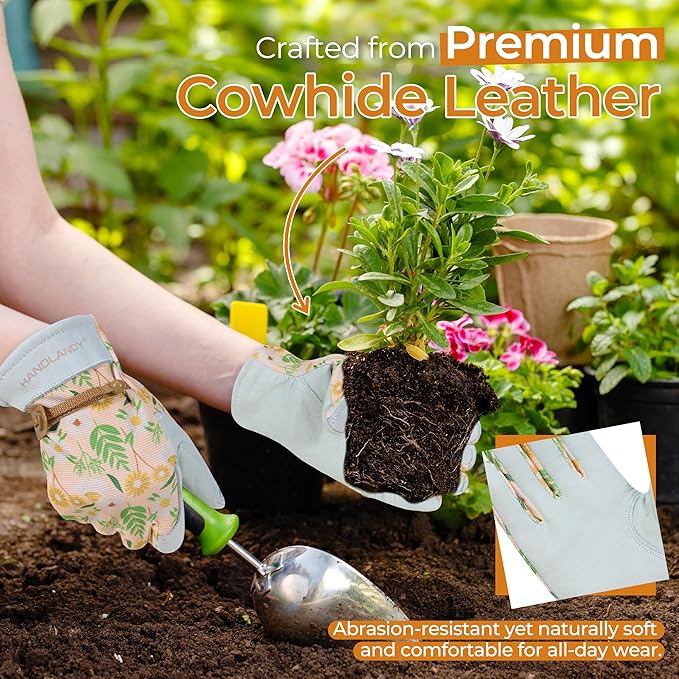 HANDLANDY Work Gloves for Women, Breathable Leather Gardening Glove for Yard Maintenance, Hand Protection with Touch Screen for Gardeners, Farmers