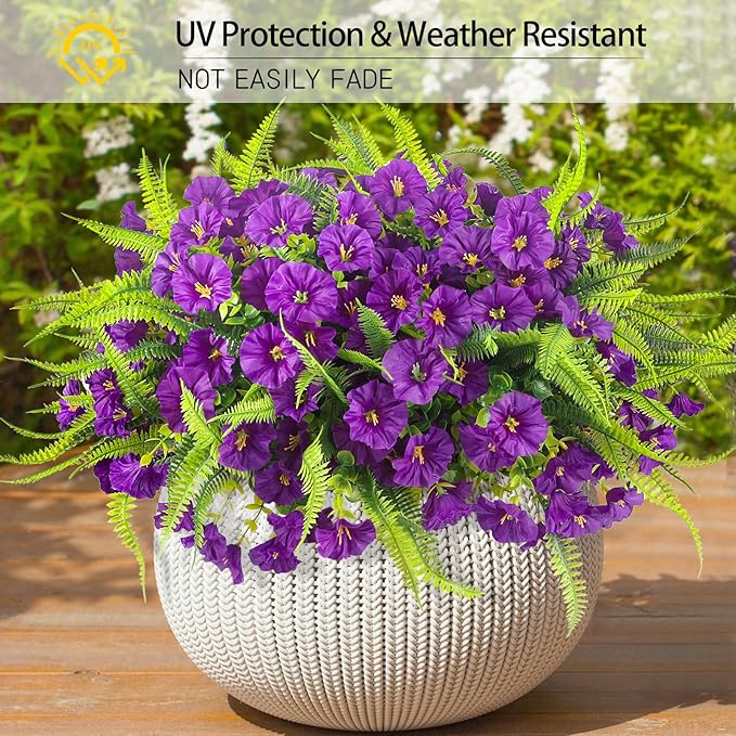 HIAGROW Spring Artificial Flowers Outdoors 12 Bundles Artificial Petunias Fake Flowers UV Resistant Shrubs Plants with Fern for Indoor Outside Hanging Planters Home Garden Decorations (Light Purple)