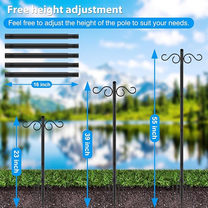 NUERPO Adjustable Shepherd Hooks for Outdoor,2 Pack 55 Inch 5 Prong Base Bird Two Sided Feeder Poles,Heavy Duty Shepherds Hook,Suitable for Garden in Hanging Flower Basket,Lantern,Bird Nests