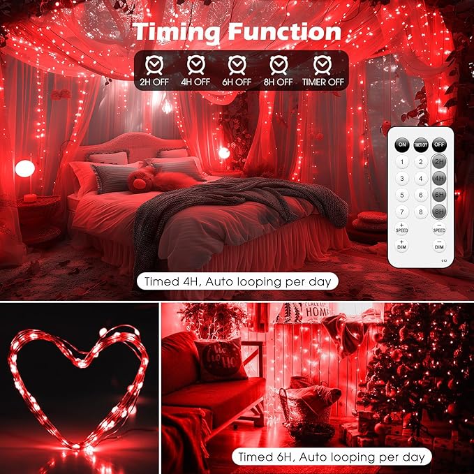 Fairy Lights 66ft 200 LED USB Twinkle String Lights Plug in Silver Wire Lights with Remote and Timer 8 Modes Outdoor Waterproof Starry Lights DIY Party Wedding Christmas Decoration（Red）