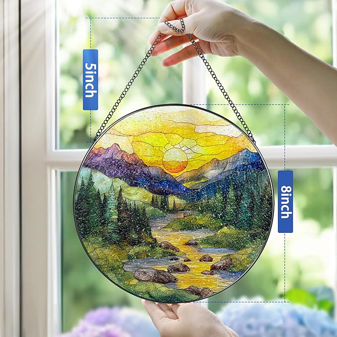 8-Inch Stained Glass Ornament, Nature Suncatchers for Window Hanging, Window Hanging Decor Suncatcher, Mountain Range Ornament | Holiday, Mother’s Day, Christmas, Housewarming | Gifts for Mom &Friend