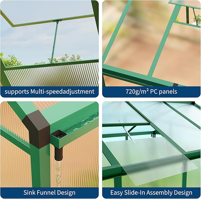 8x10 ft Greenhouse for Outdoors, Polycarbonate Greenhouse with Roof Vent, Ground Nails, Lockable Push Door, Aluminum Large Walk-in Green House for Outside Garden Backyard, Patio, Lawn, Green